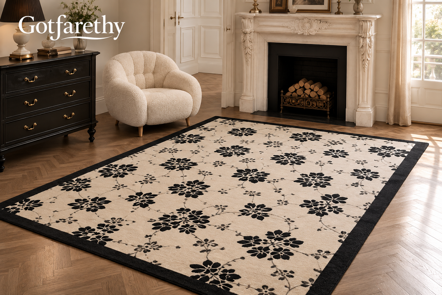 Gotfarethy French Noir Botanical Trellis Area Rug